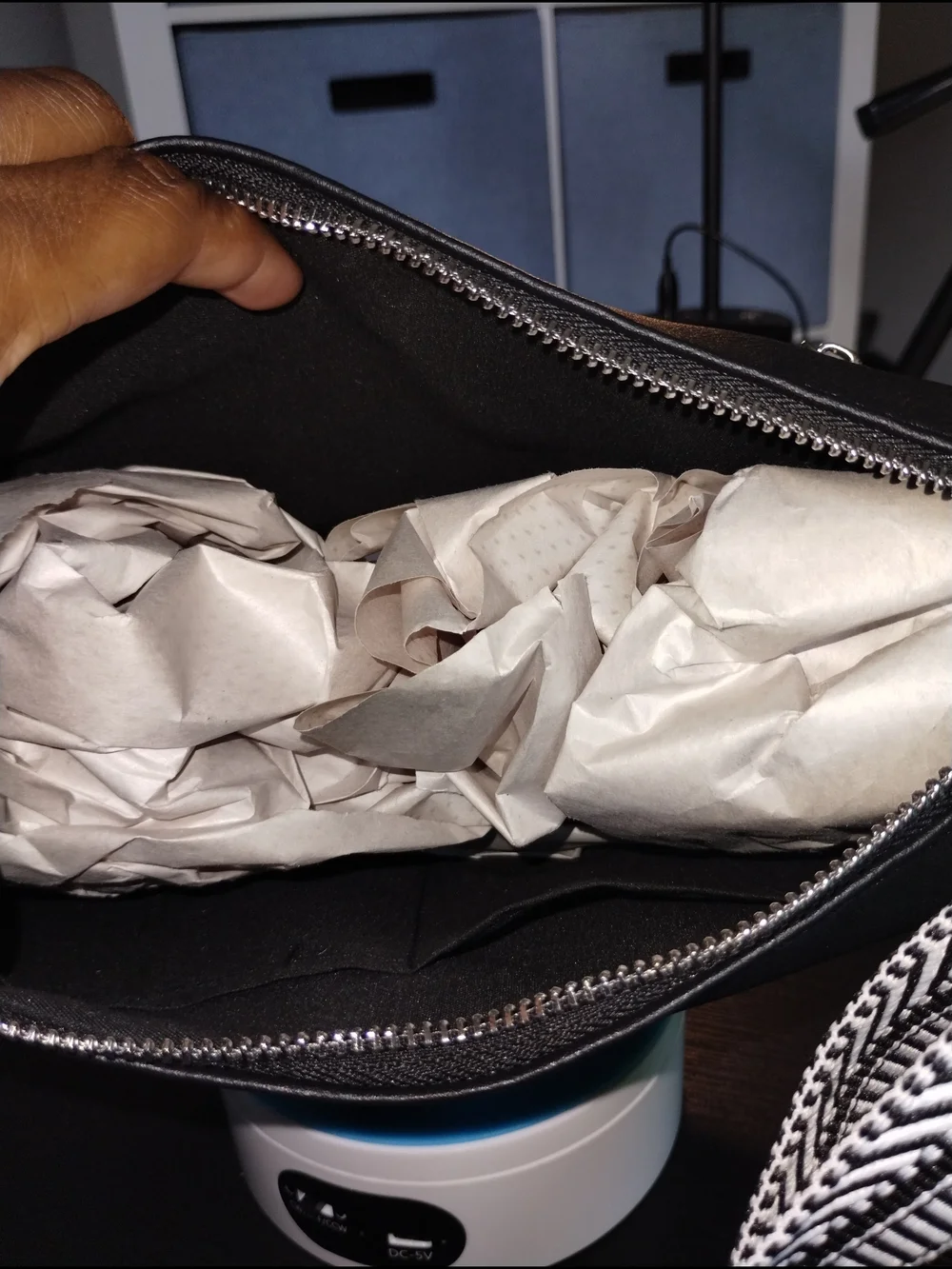 Black Vegan Leather Shoulder Bag with Patterned Strap